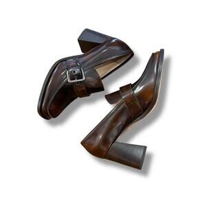 Vintage Brown Italian Patent Leather Buckle Heeled Loafers